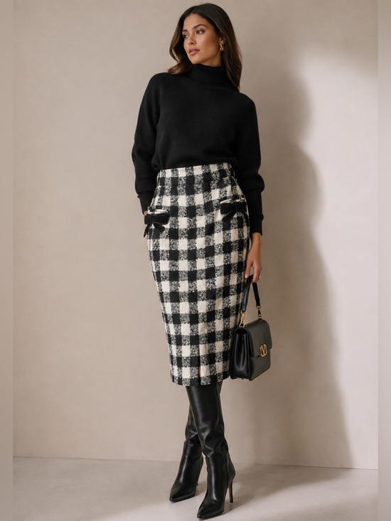 Valentino Dresses & Skirts - Valentino Boutique Wool Tweed Check Pencil Skirt Velvet Bow Detail Made Italy